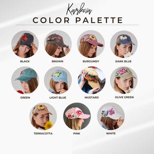 May include: A colour palette of 12 embroidered baseball caps with different coloured fabrics and floral embroidery. The colours include black, brown, burgundy, dark blue, green, light blue, mustard, olive green, terracotta, pink, and white.