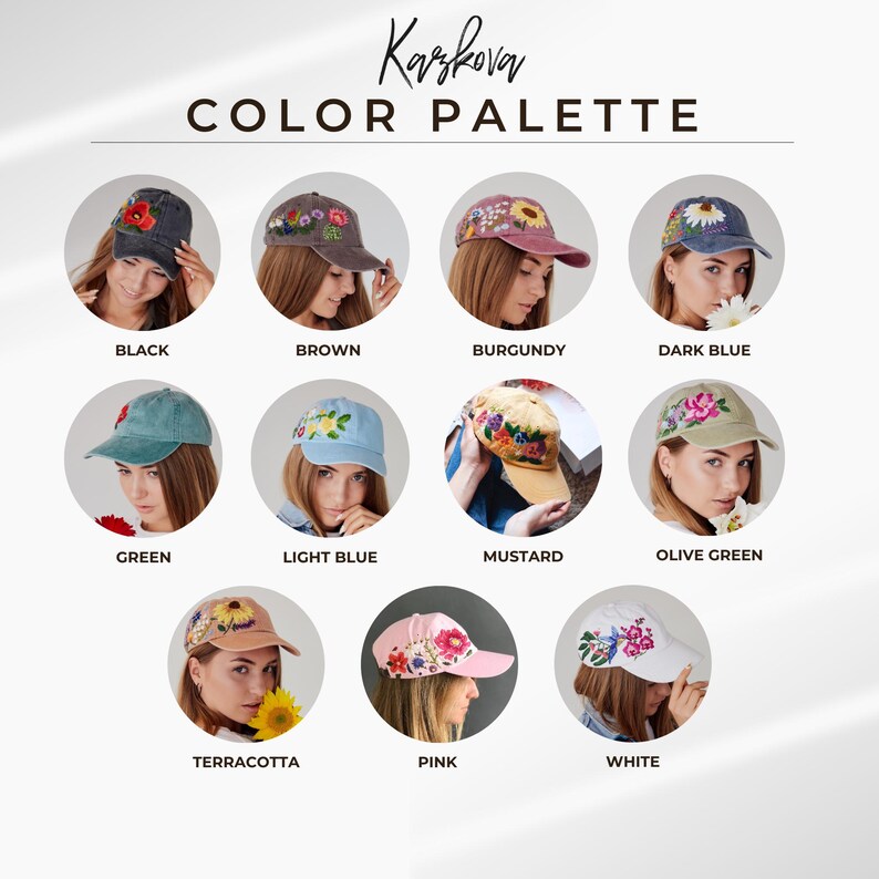May include: A colour palette of 12 embroidered baseball caps with different coloured fabrics and floral embroidery. The colours include black, brown, burgundy, dark blue, green, light blue, mustard, olive green, terracotta, pink, and white.