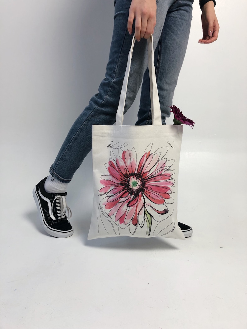 Floral Shopping Bag Gerbera Tote Book Bag With Pocket Eco Tote Bag Grocery Bag Beach Bag Cotton Tote Bag Tote Bag With Zipper