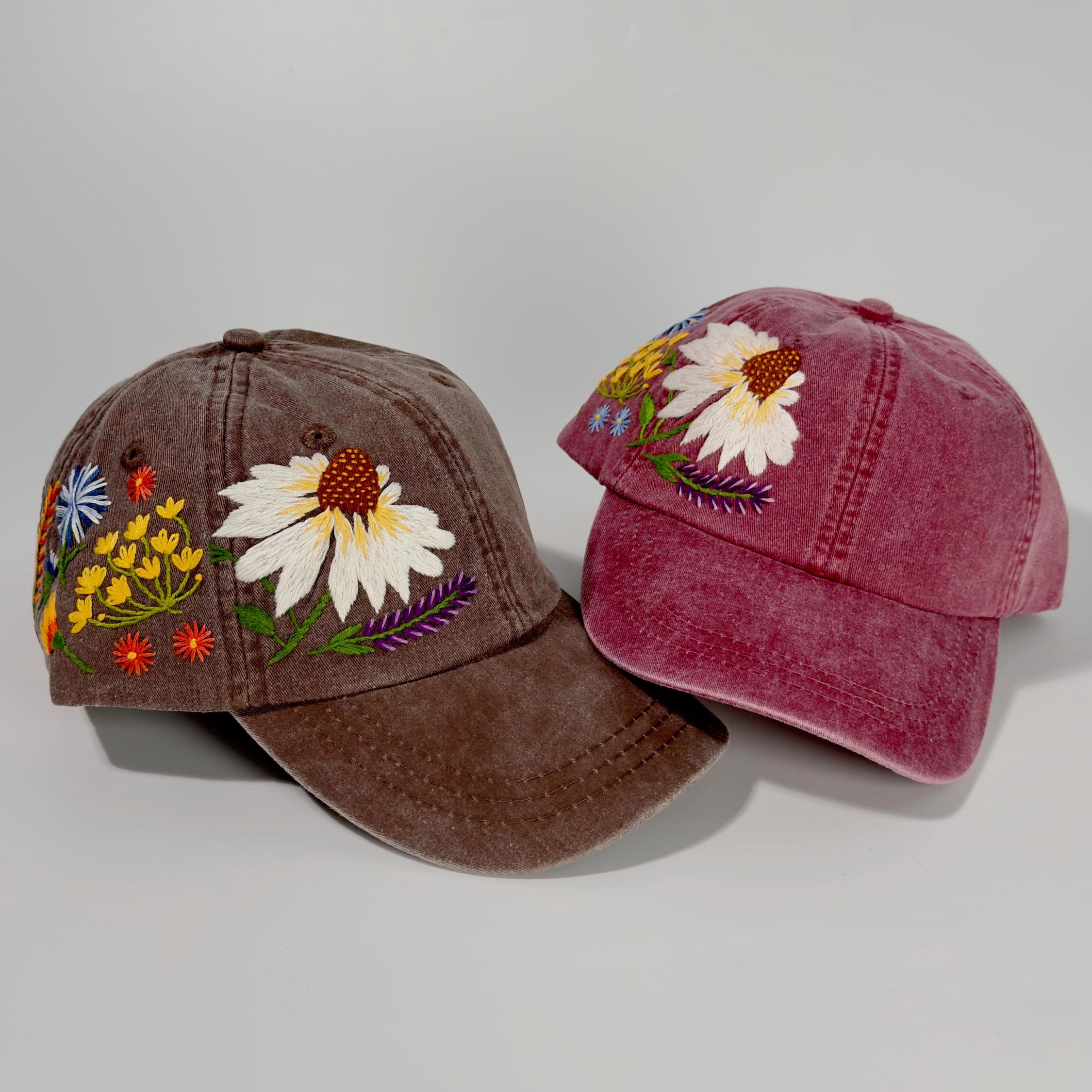 Embroider Flower Hat, Hand Embroidered Floral Cap, Hat For Women, Botanical Print, Ladies Baseball Cap With Embroidery, Nature Lover Gift