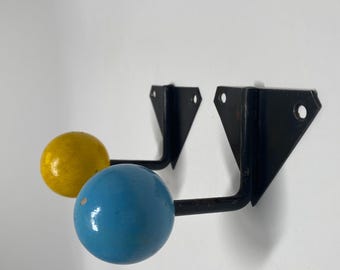 Vintage Mid-Century Atomic Blue and Yellow Wood and Metal Coat Hooks 1950s - Pair