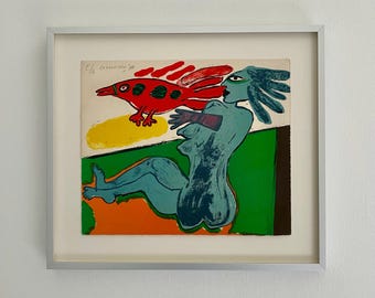 Signed Corneille Lithograph: Mid-Century Modernist Naive Art 'Femme et Oiseau'