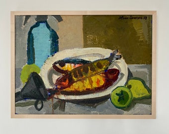 Original Swedish Mid-Century Still Life Painting: Fish and Pears