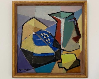 Original Mid-Century Cubist Still Life Painting Swedish / Oil Painting / Original Wall Art / Wall Decor / Mid-Century Art / Abstract Art