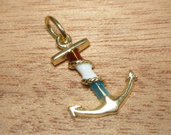 Small Enamel Anchor Pendant Vintage 14k Gold Jewelry