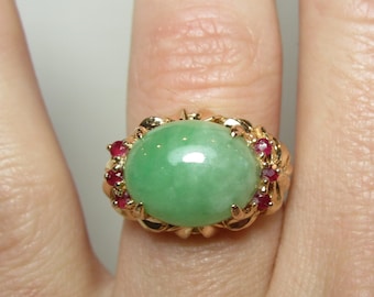 Jadeite and Ruby Statement Ring Size 7 | Vintage 14k Gold Jewelry