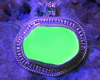 Large UV Sea Glass Pendant Sterling Silver Jewelry