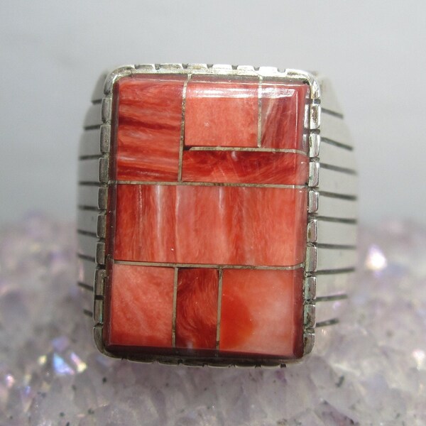 Red Spiny Oyster Inlay Ring Size 13 Signed JP Vintage Sterling Silver Jewelry