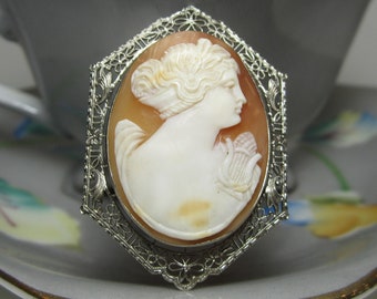 Antique Cameo Brooch Pin | Carved Shell Filigree | Vintage 10k White Gold Jewelry