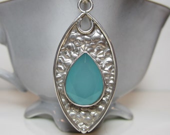 Aqua Blue Chalcedony Teardrop Pendant Vintage Sterling Silver Jewelry