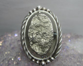 Pyrite Fools Gold Statement Ring Size 7 Vintage Sterling Silver Jewelry