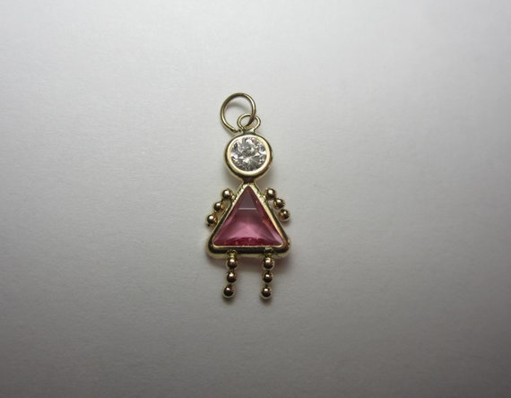 Birthstone Girl Charm Pendant October Pink Tourmaline CZ Vintage
