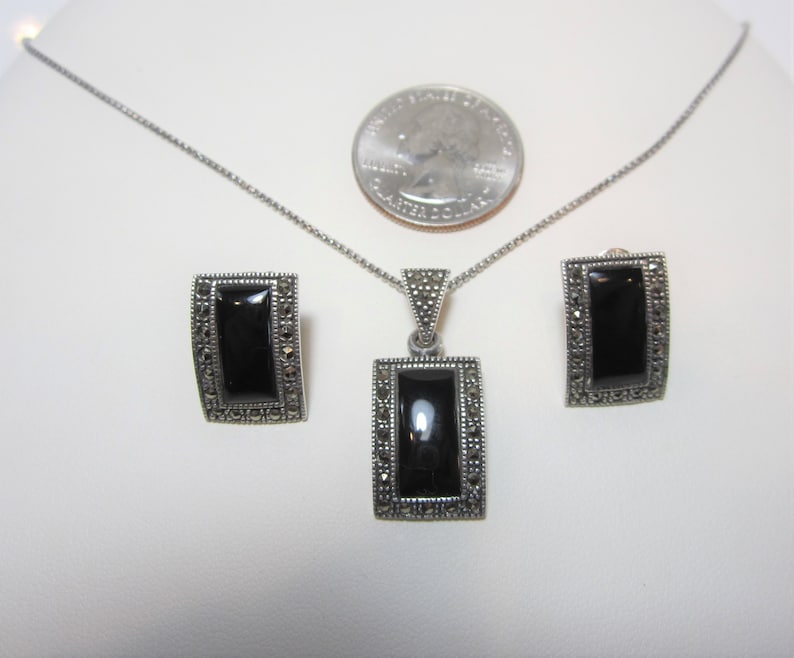 Onyx Jewelry Set Earring and Necklace Set Vintage Sterling Silver Jewelry Marcasite Jewelry