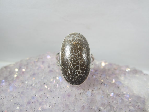 Fossilized Dinosaur Bone Ring Size 8 Vintage Ster… - image 1