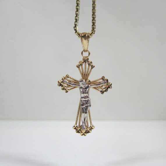 14k Two Tone Gold Crucifix Pendant Vintage White … - image 8