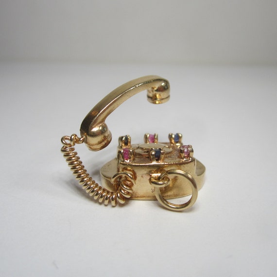 Vintage 14k Rotary Phone Charm Pendant with Ruby … - image 5