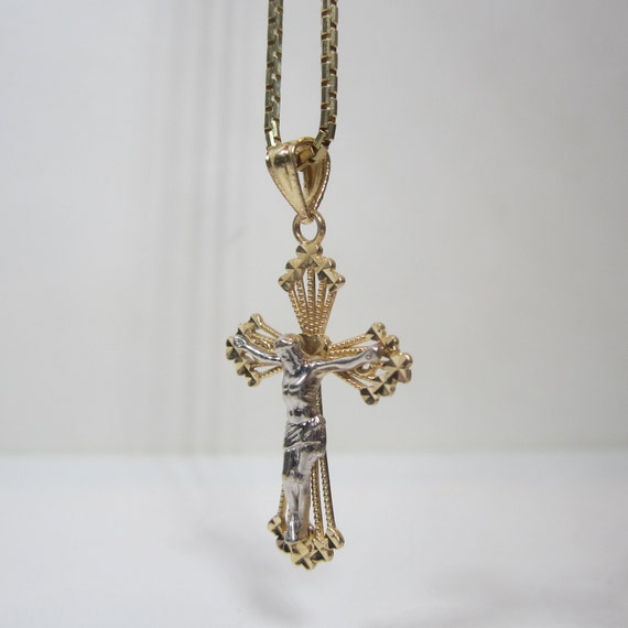 14k Two Tone Gold Crucifix Pendant Vintage White … - image 6