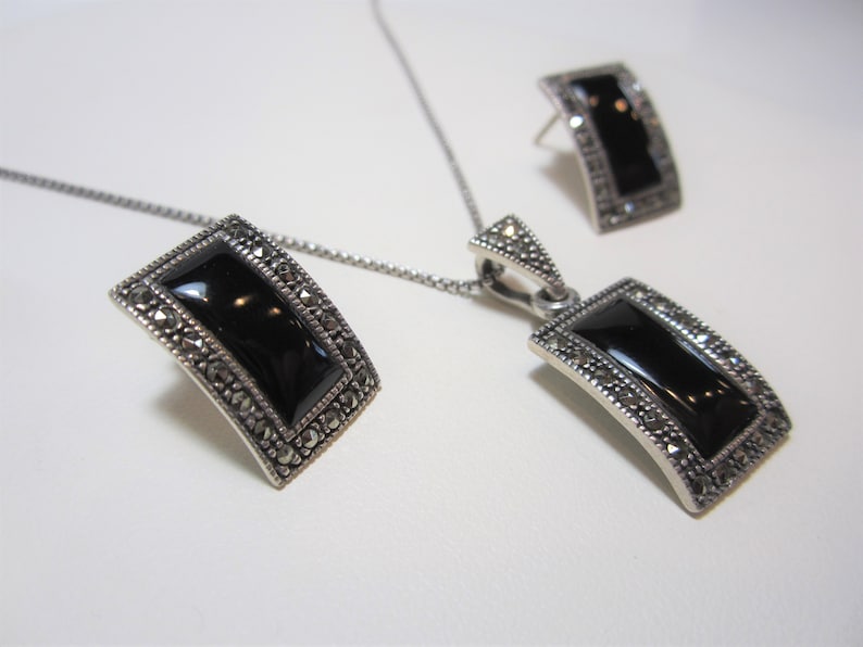 Onyx Jewelry Set Earring and Necklace Set Vintage Sterling Silver Jewelry Marcasite Jewelry