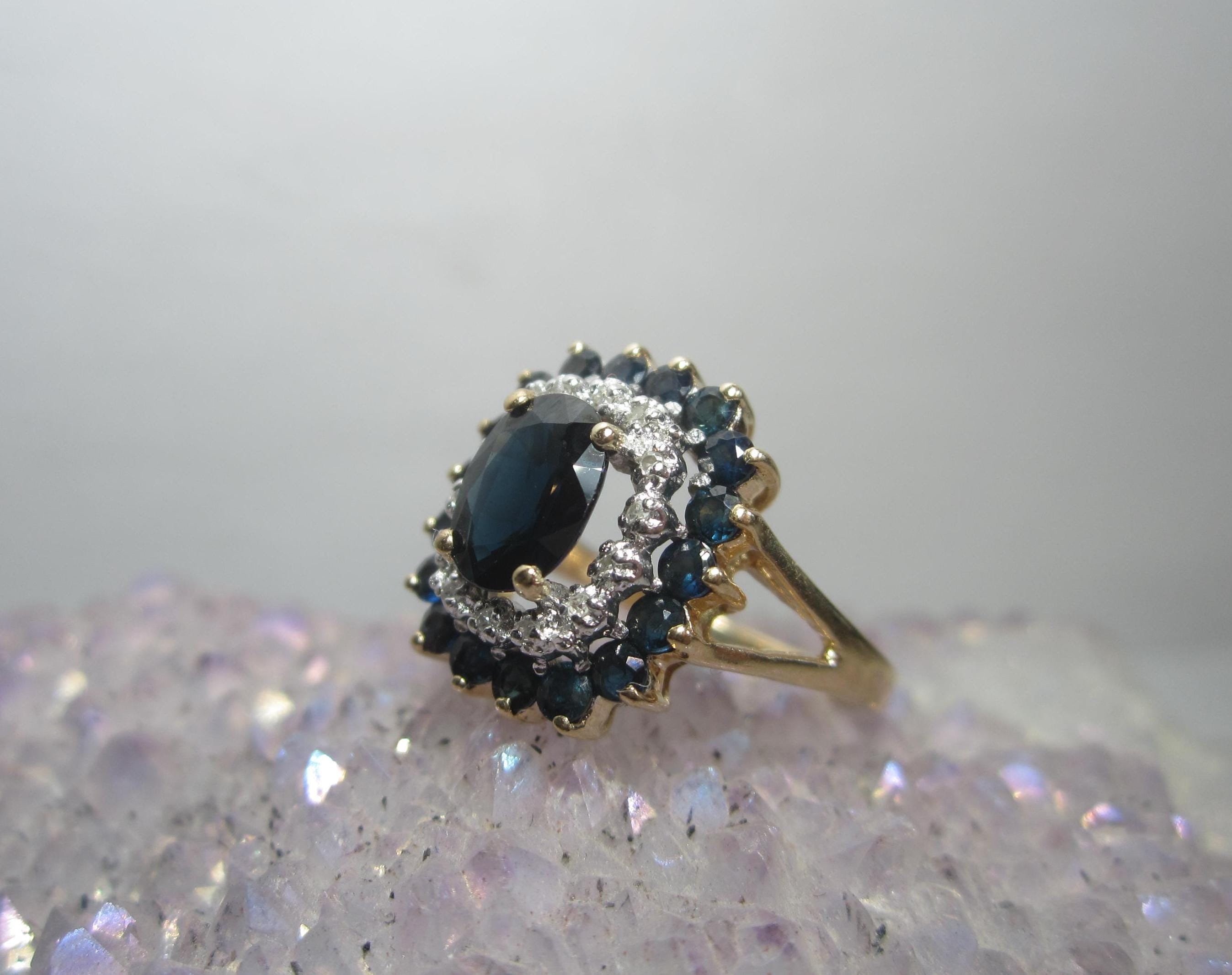 Sapphire Cocktail Ring with Diamonds Size 7 Vintage 14k Gold Jewelry