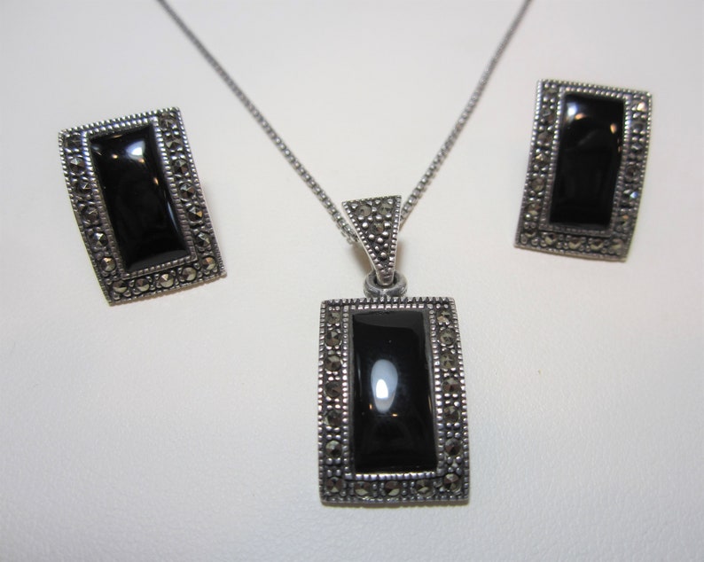 Onyx Jewelry Set Earring and Necklace Set Vintage Sterling Silver Jewelry Marcasite Jewelry