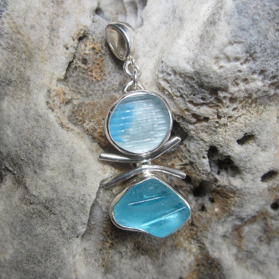 Ohajiki Japanese Marble and Blue Sea Glass Pendan… - image 2