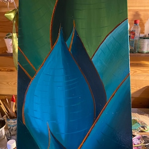 Handwork pintura a óleo original papelão azul broto suculento pintura ainda vida pintura arte moderna agave cactus folhas azul arte a óleo