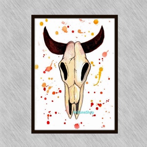 Handgeschilderde aquarel dierlijke schedel Wall Art koe schedel Decor, Bull Buffalo schedels Boho stijl, koe stier schedel rustieke kunst Walldecal Poster
