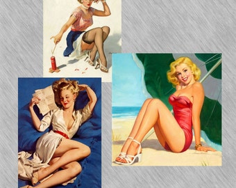Vintage Pin Up Girls Postcards, Retro Art Prints (Digital Download)