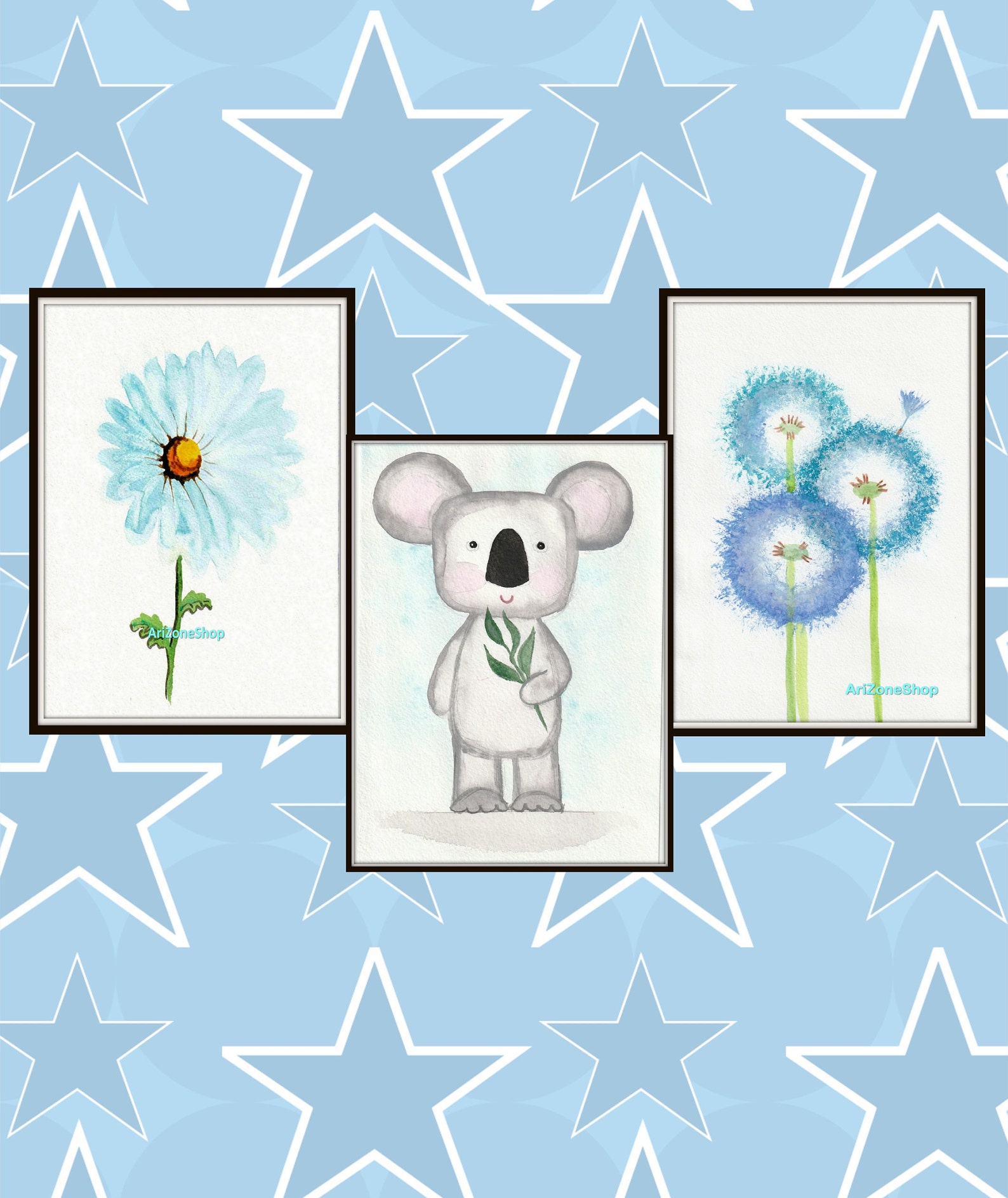 Blue Watercolor Set Baby Painting Digital Wall Art, Set Baby Room