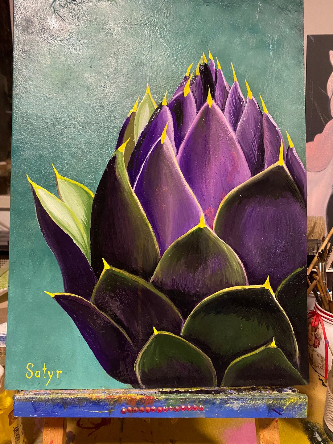 Handwork Original Oil Painting Cardboard, Violet Artichoke Painting