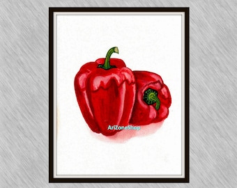 Food illustration pepper painting watercolor Red pepper picture, Kitchen decor Food Wall Art print Colorful illustrations juicy vegetables