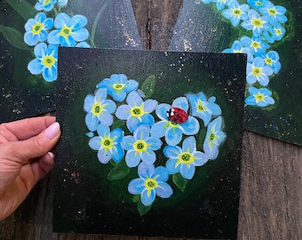 Set Forget-me-not flowers, acrilyc painting flowers, Forget-me-nots painting, Art original Still Life Painting, Small Blue floral painting