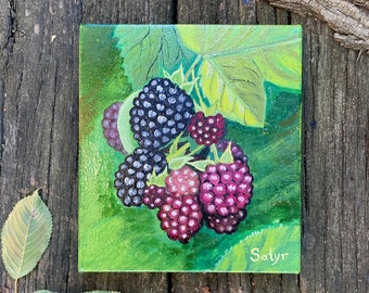 Blackberry Painting: Small Still Life, Original Oil on Canvas