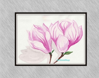 May include: A watercolor painting of two pink magnolia flowers in bloom. The flowers are painted in a realistic style with delicate details. The painting is framed in a black frame.