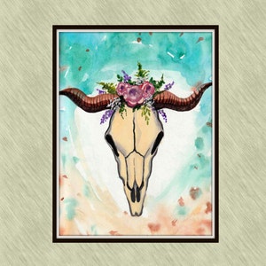 Koe schedel afdrukbare Wall Art Wall Decor Boho aquarel Azteekse Tribal stier koe schedel afdrukbare westerse aquarel schedel Art Instant Download