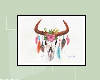 Buffalo Skull watercolor print Cow bull buffalo skull rustic art, western print Watercolor Buffalo Skull Art Print, Painting Wall Decor JPEG