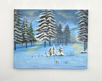ORIGINAL Oil Painting Snowy Forest Icy River Landscape Painting on canvas oil painting depicting winter landscape Christmas present blue art