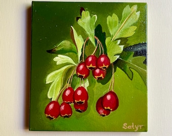 Small botanical painting forest berries hawthorn berries Small picture Bright picture Mini picture Red berries green leaves Canvas oil paint