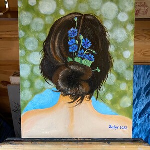 Hand-painted Varnished Oil Painting Stretched Canvas Original oil painting portrait of girl with blue flowers portrait girl brown hair Woman