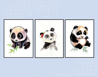 Watercolor Ser 3 Wall Art, cute animal Panda cub Wall Art Print Poster DIGITAL painting JPG Printable Art kids decor Baby animal set prints