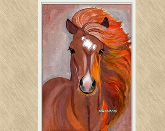 水彩画の馬のプリント、動物のイラスト、ボヘミアンファームハウス