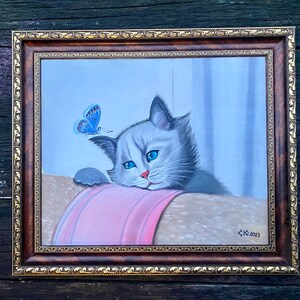 Pintura al óleo de animales de Ucrania Artistas para animales Detener el ecocidio Pintura de gatitos para la habitación del bebé mascotas de gatos tristes Ucrania Gatito gris cuadro grande