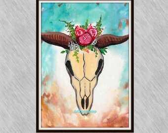 Buffalo Skull watercolor print, cow bull buffalo skull rustic art, western print JPG Buffalo Skull Art Print, Watercolor Painting Wall Decor