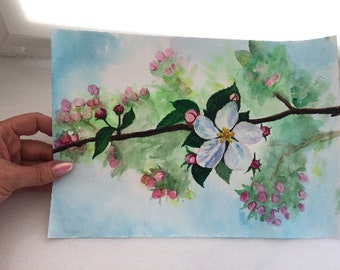 Original akvarellmålning av äppelblomma, blommotiv för barn, A4