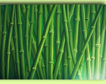 May include: A painting of a close-up of a group of green bamboo stalks.