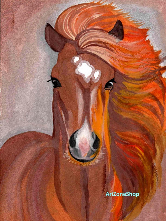 水彩画の馬のプリント、動物のイラスト、ボヘミアンファームハウス