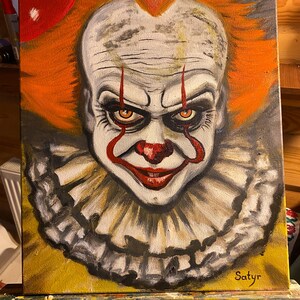 ITのピエロをモチーフにしたオリジナル油絵、キャンバスに描かれたホラーアート（50 x 50 cm）