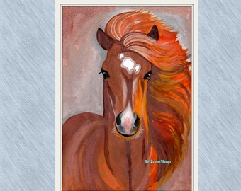 水彩画の馬のプリント、動物のイラスト、ボヘミアンファームハウス