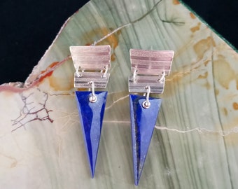 Trillion Cut Lapis and Hand Patterned Silver Earrings