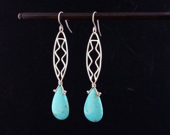 Turquoise and Argentium Sterling Silver Wirework Drop Earrings